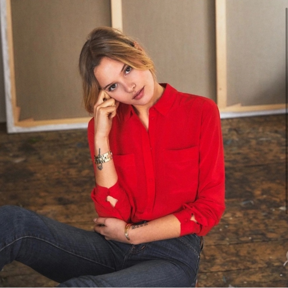 Sezane Red Silk Button-Up Blouse